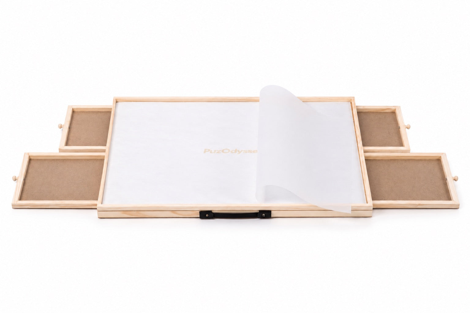 PuzOdyssey wooden puzzle board with four sorting drawers, felt surface and clear protective film
