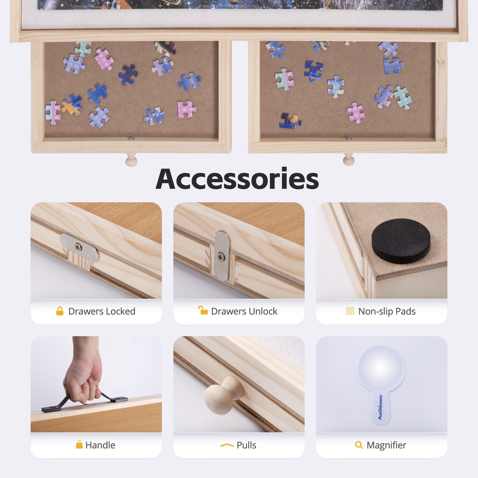PuzOdyssey built-in puzzle board drawers