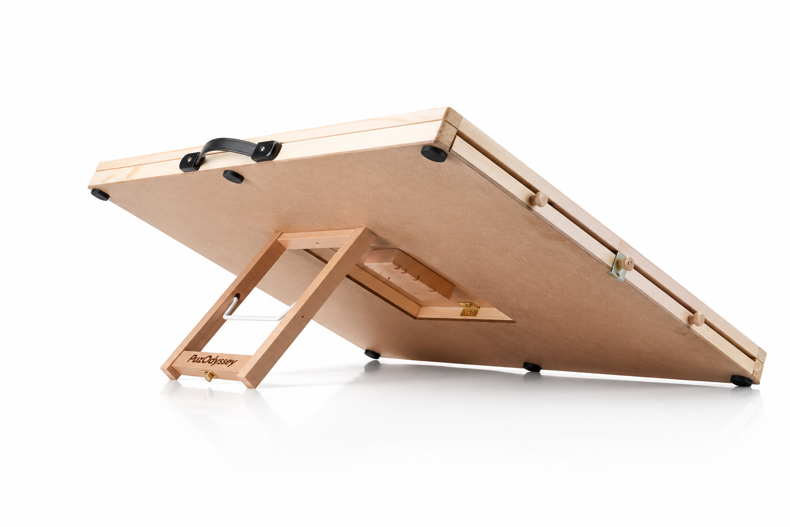PuzOdyssey wooden puzzle board angled on a white studio background