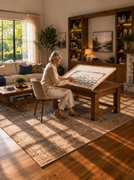 A PuzOdyssey rotating puzzle board set up in a warm living room