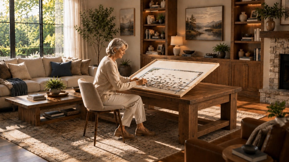 An older woman using a PuzOdyssey rotating puzzle board on a wooden table in a warm living room