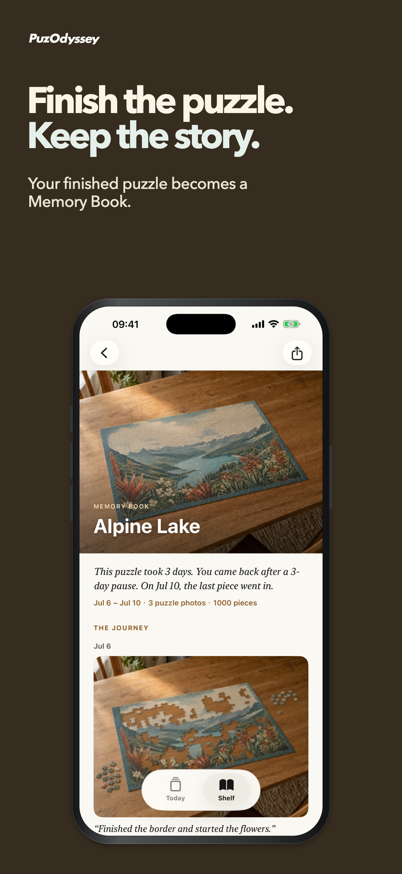 PuzOdyssey app Memory Book screen for a completed puzzle