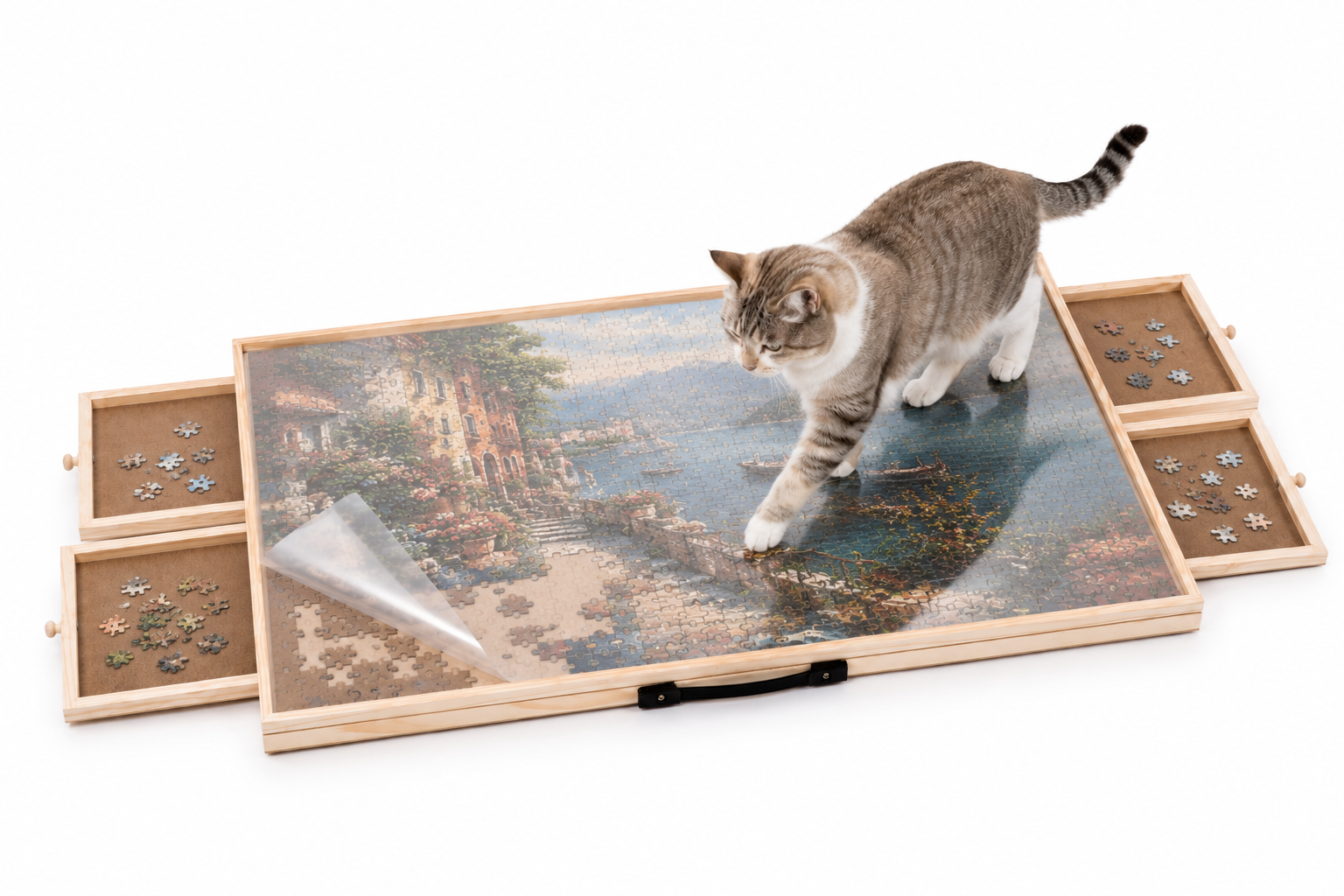A cat walking across a covered in-progress puzzle on the PuzOdyssey board