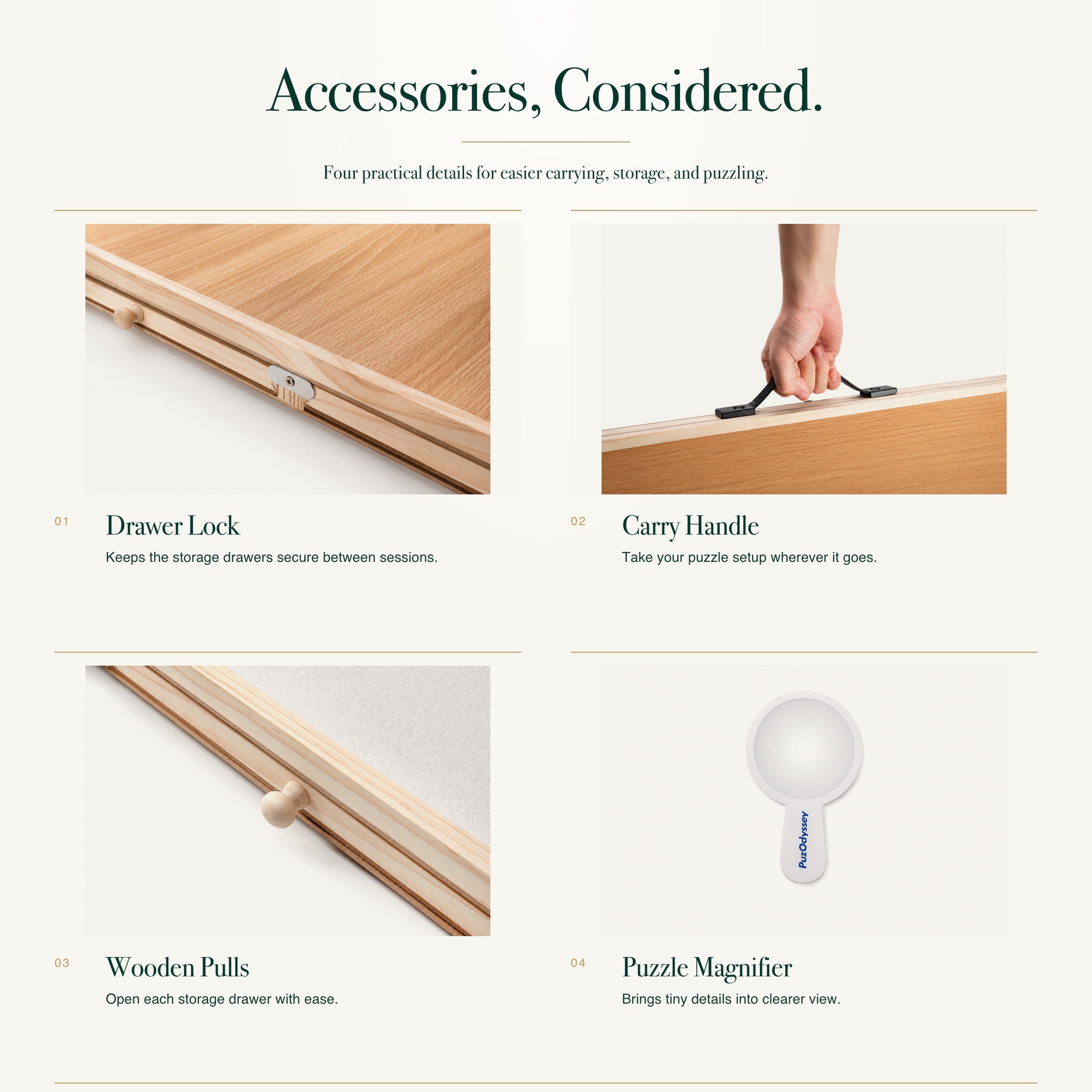 PuzOdyssey accessory details: drawer lock, carry handle, pulls, and magnifier
