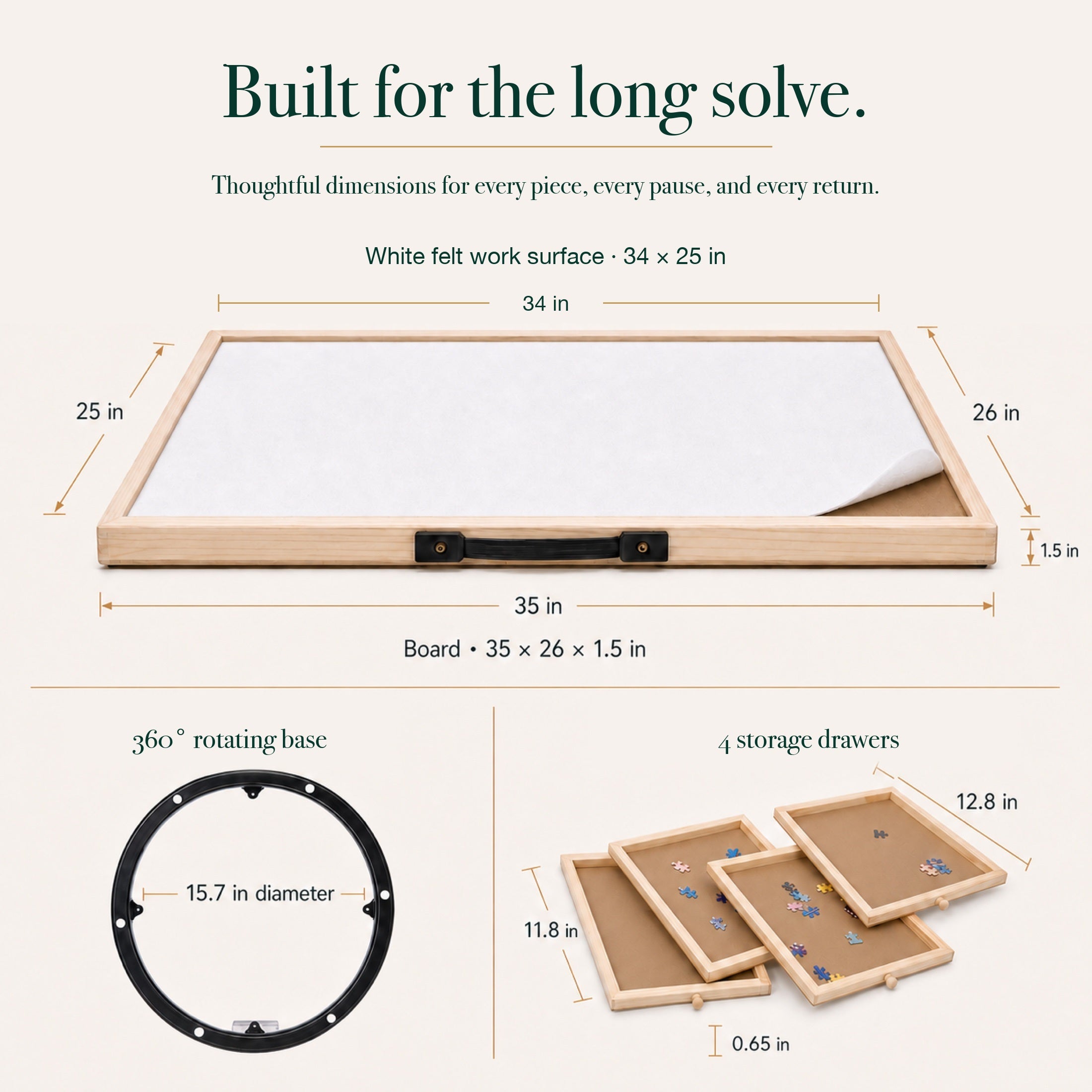 PuzOdyssey 1500-piece board dimensions: 35 x 26 in with 11.8 x 12.8 in drawers