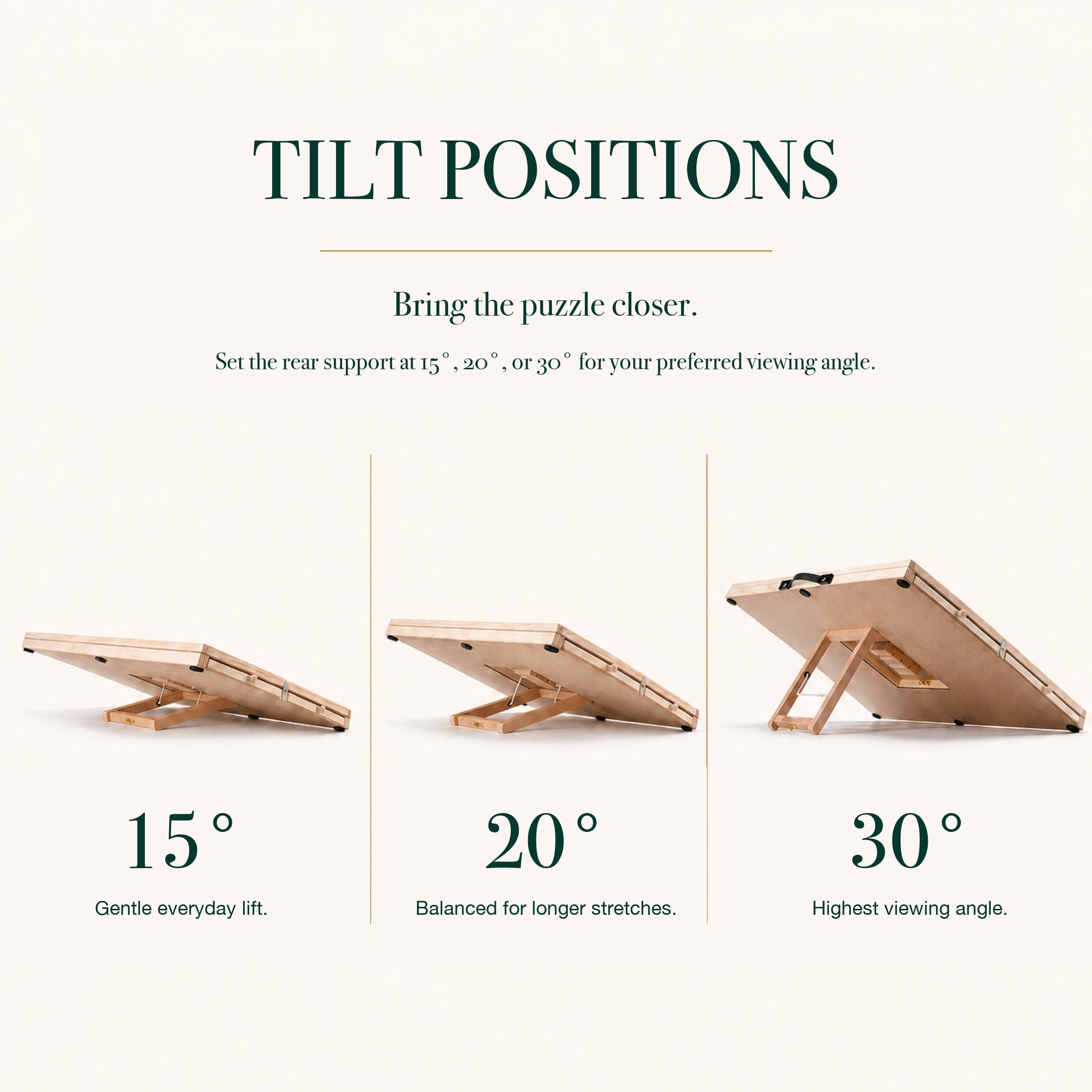 PuzOdyssey board tilt positions: 15, 20, and 30 degrees