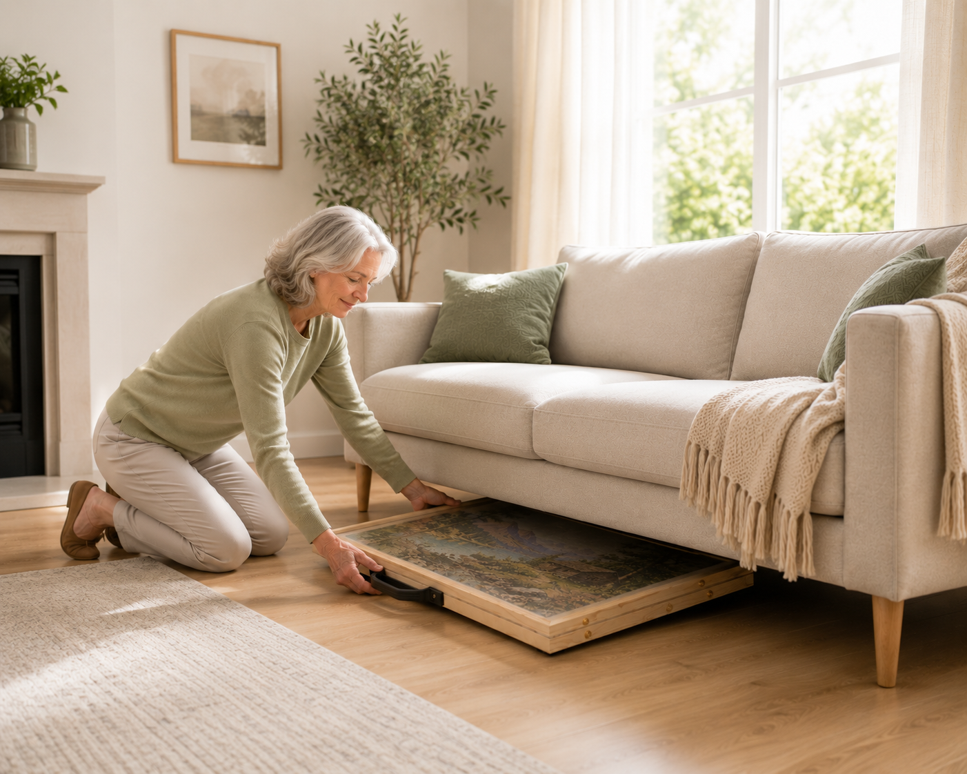 PuzOdyssey puzzle board sliding under a sofa for low-profile storage