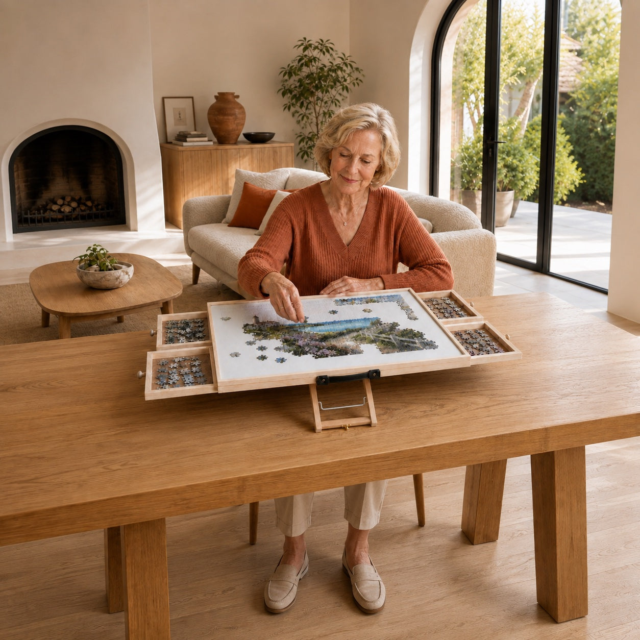 Full-body view of a seated woman reaching a puzzle on the gently tilted board.