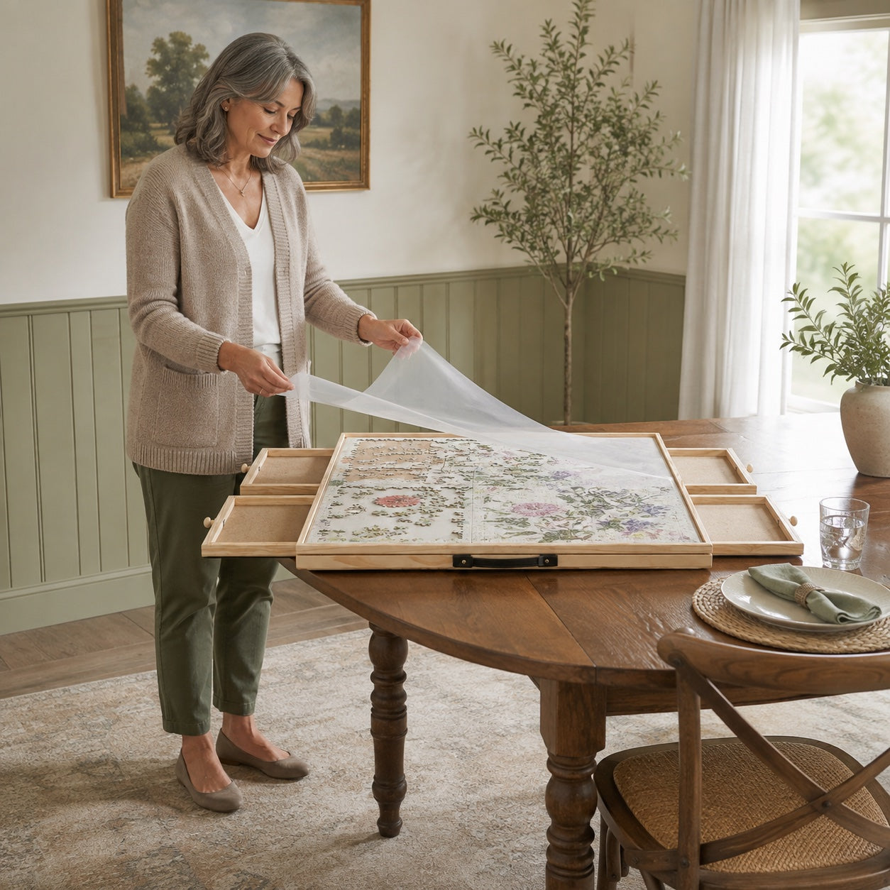 Full-body view of a woman covering an unfinished puzzle on the board.