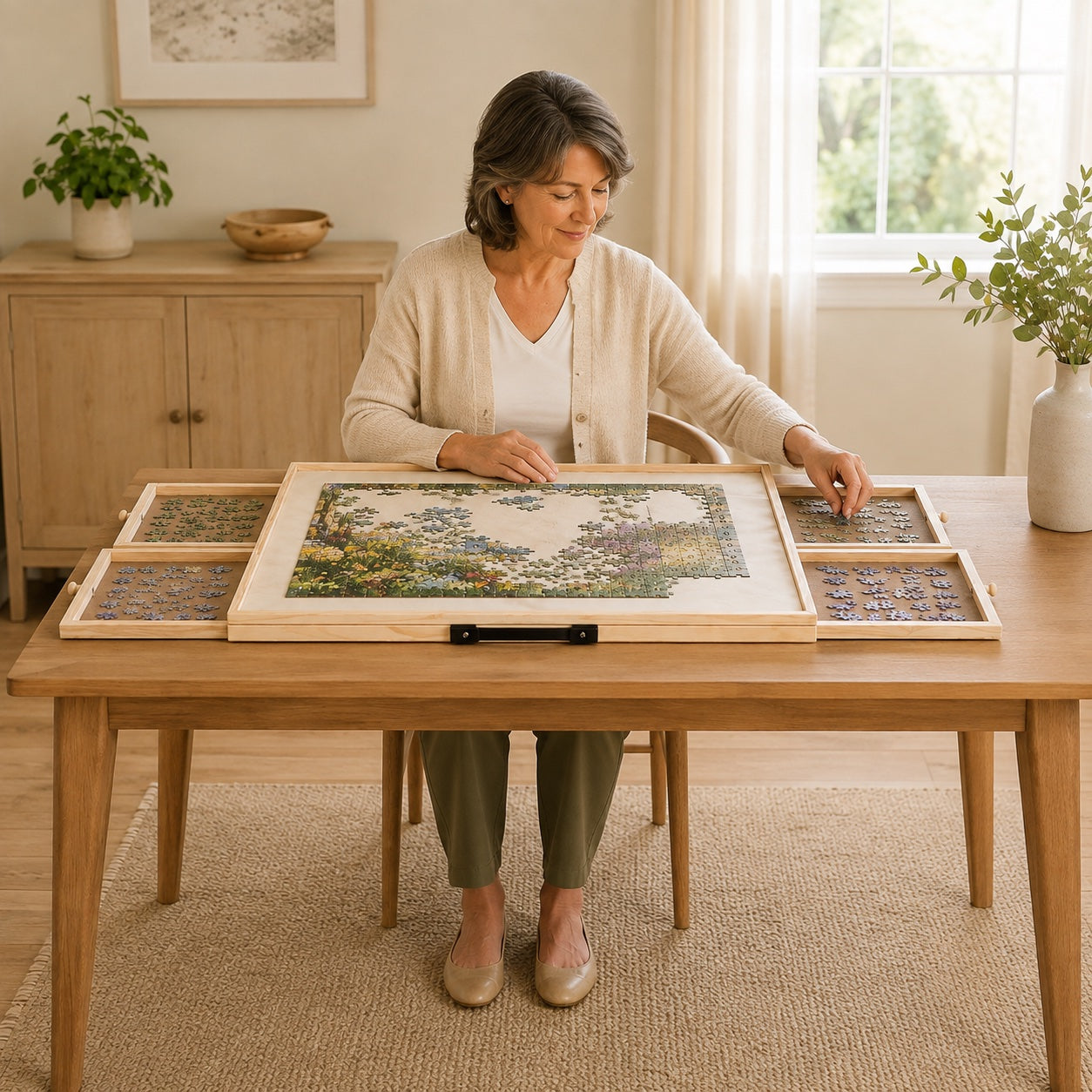 Full-body view of a woman sorting puzzle pieces into the board drawers.