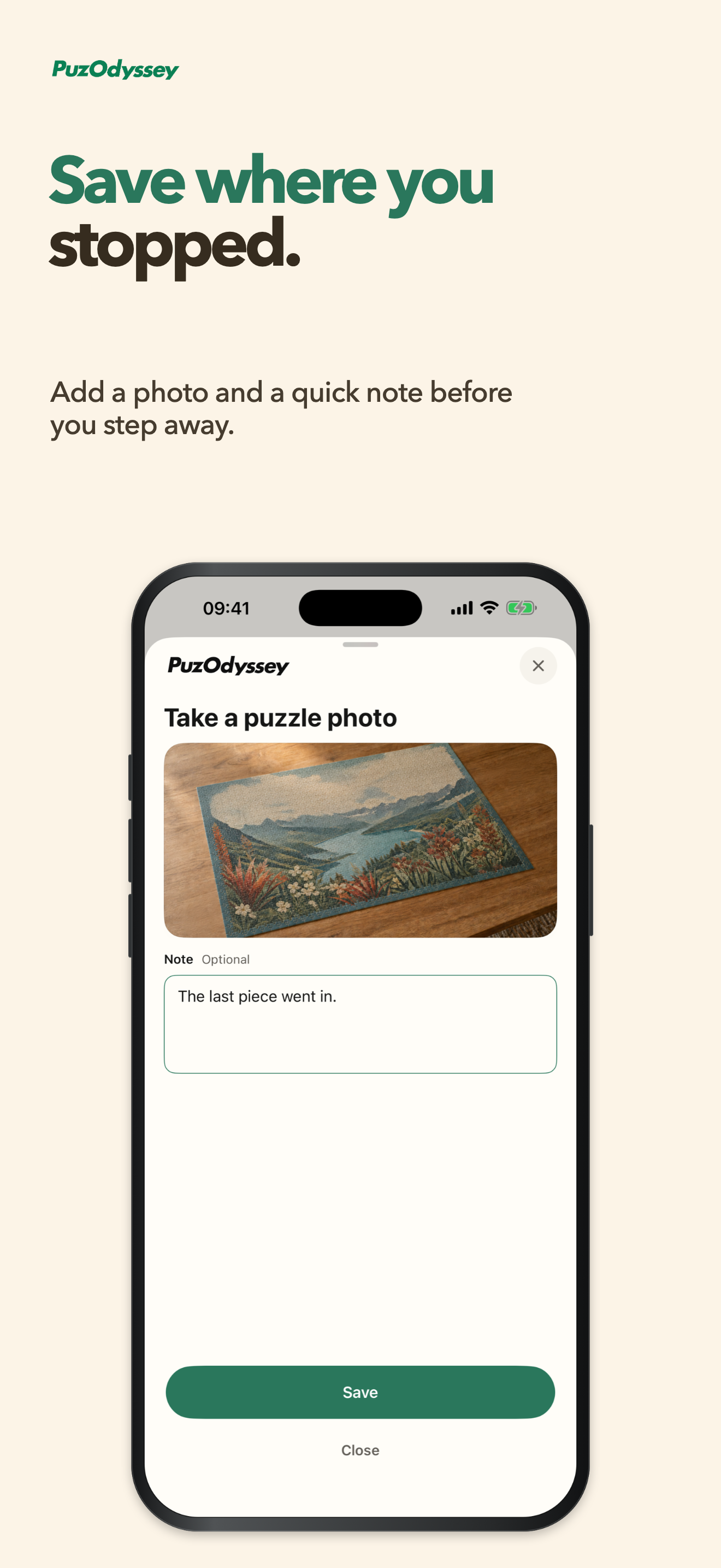 PuzOdyssey app screen for saving a puzzle photo and note