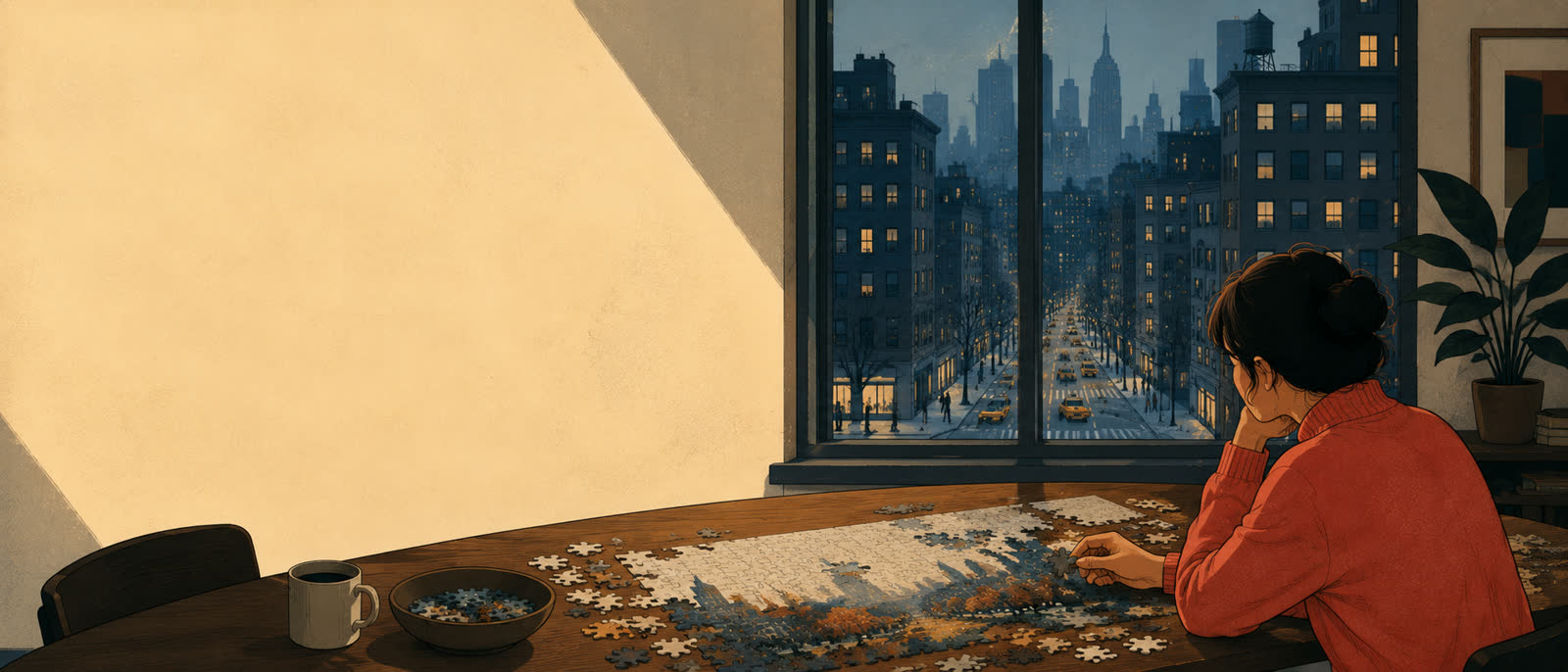Editorial illustration of a puzzle table beside a blue city window