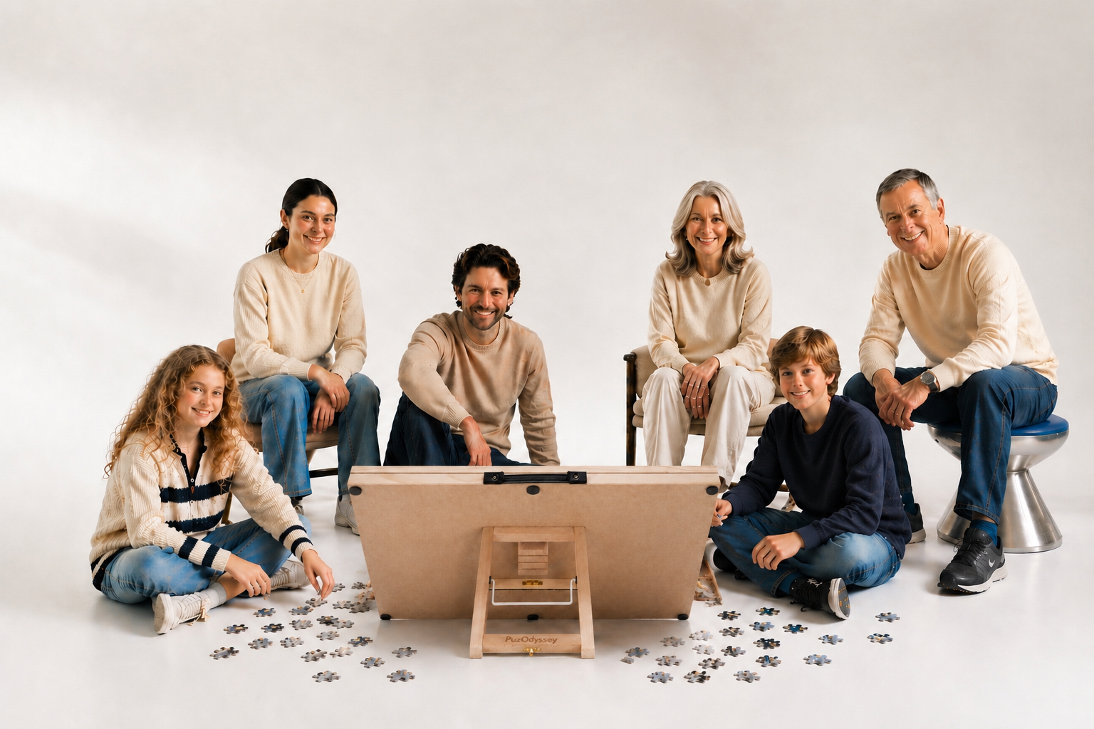 A family gathered around a PuzOdyssey puzzle board