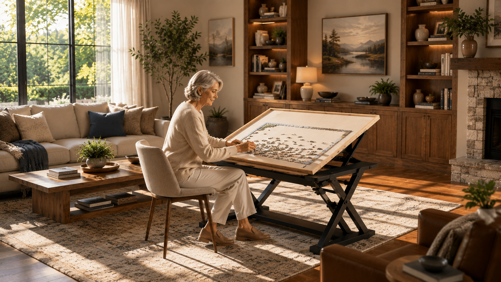 An older woman using a PuzOdyssey rotating puzzle board in a warm living room